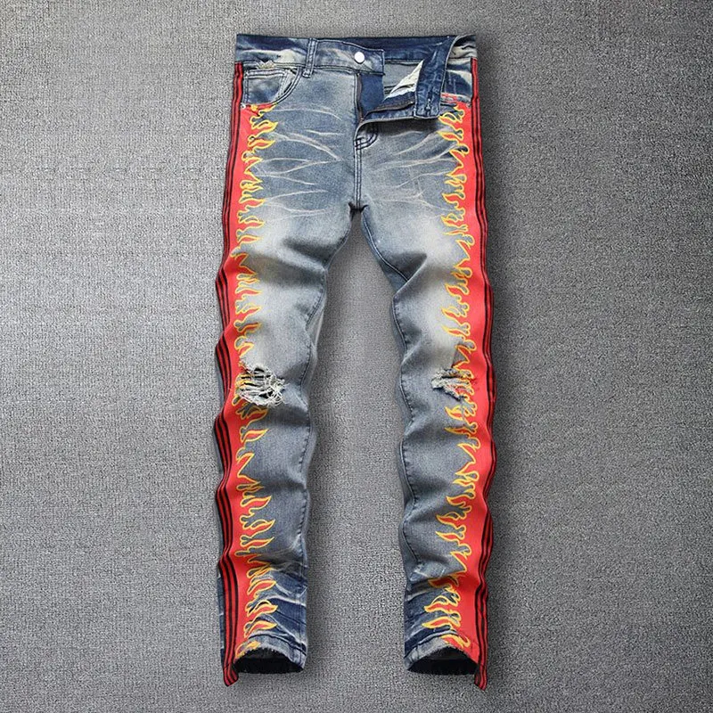 

2023 Spring Red Flame Pattern Jean Hombre Motorcycle Pant Streetwear Ripped Jean Noir Homme Zipper Jean For Men Graphic Jeans