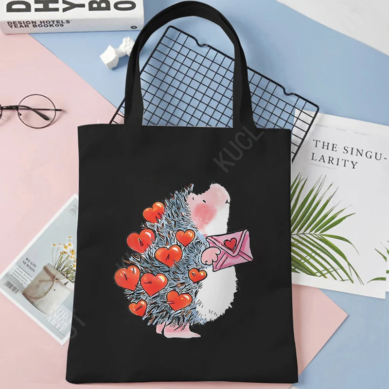 Leopard Love Heart Cartoon Handbag Women Casual Canvas Portable Shoulder Bag Valentine's Day Shopping Reusable Tote