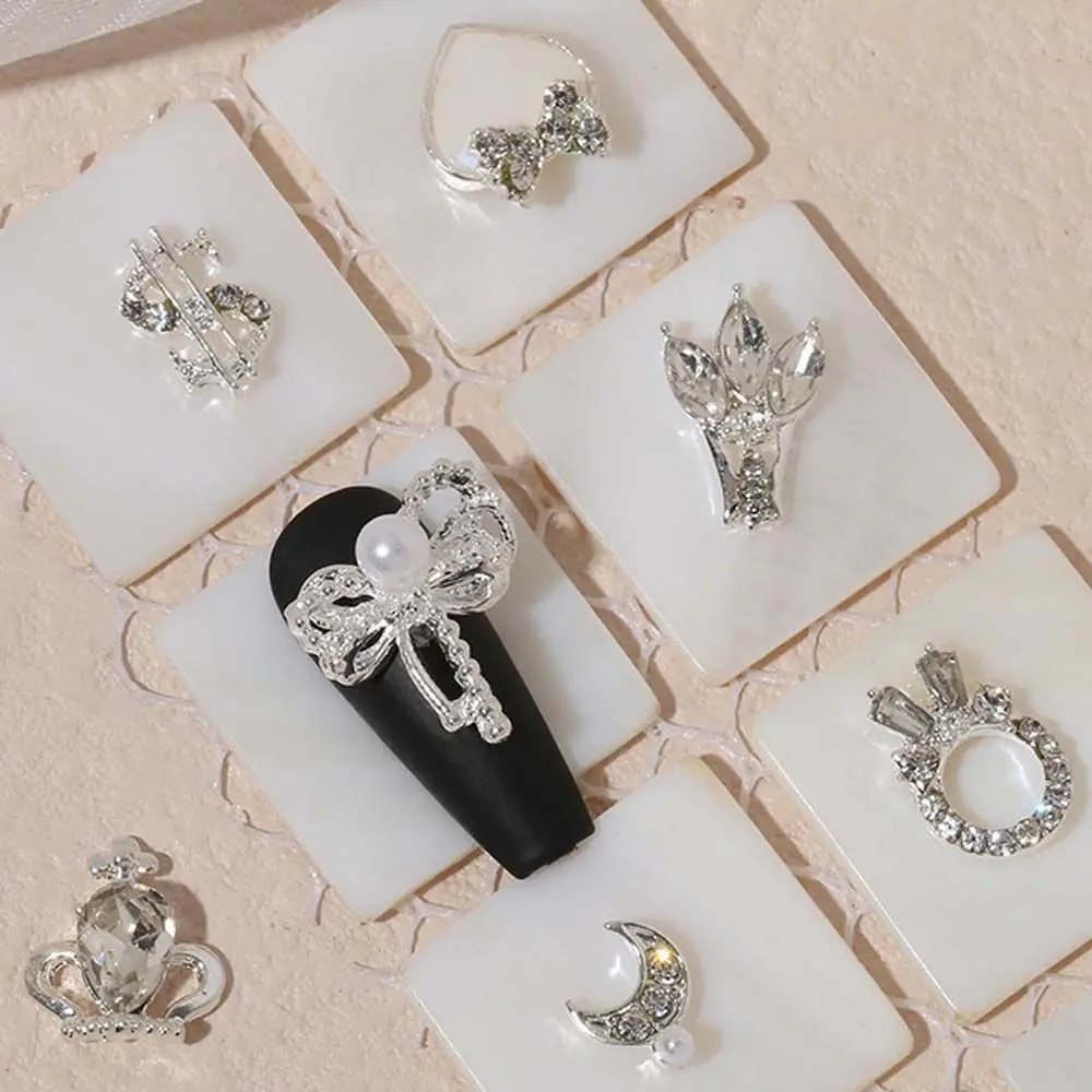 

3D Zircon Crystals Bow Crown Metal Alloy Nail Art Rhinestones Silver Love Heart Bowknot Moon Manicure DIY Decoration Accessories