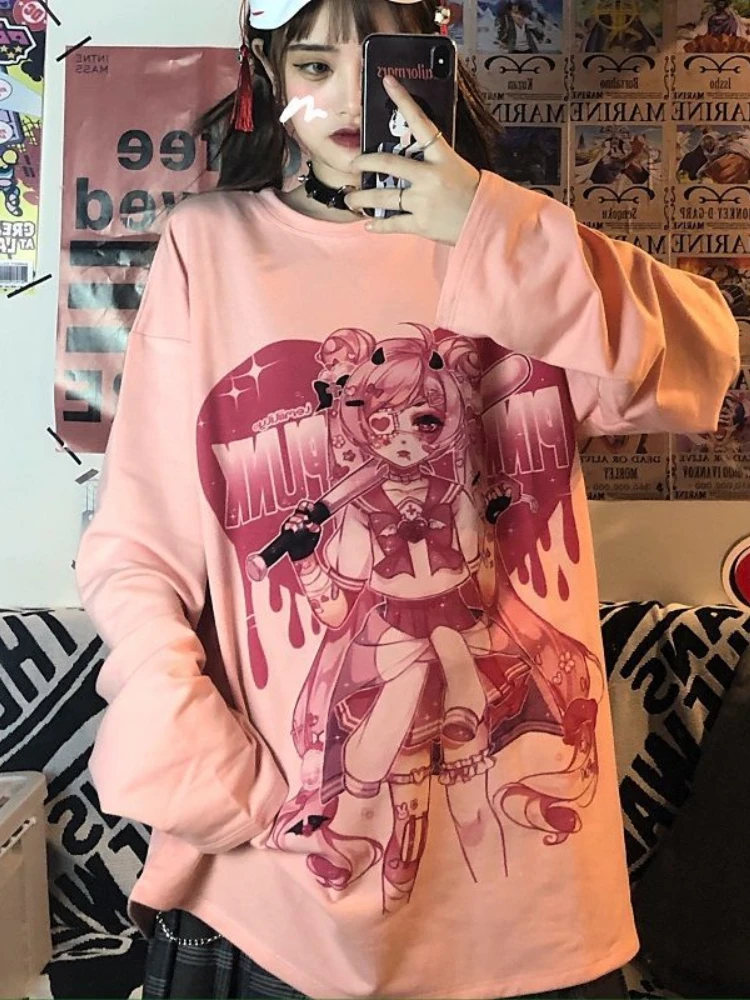 

HOUZHOU Anime Print Harajuku Gothic Tshirt Women Kpop Graphic T Shirts Long Sleeve Cartoon Oversized Tees Aesthetic Streetwear
