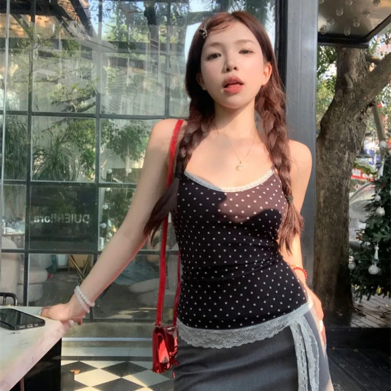 Y2k Майки Топы Женщины в горошек с принтом Кружева Лето Корейский стиль Мода