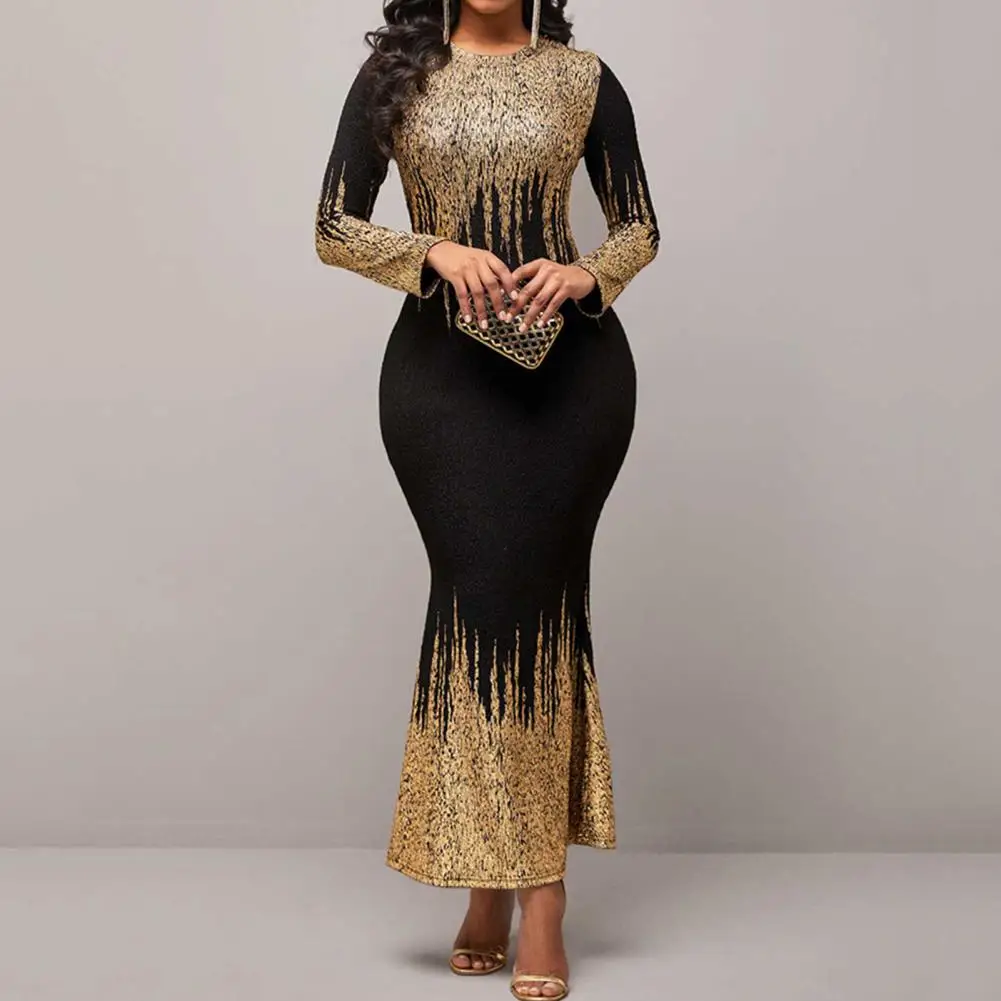 

Women Dress O-Neck Temperament Dressing Fish Tail Hem Ankle Length Dress Maxi Dress for Gathering