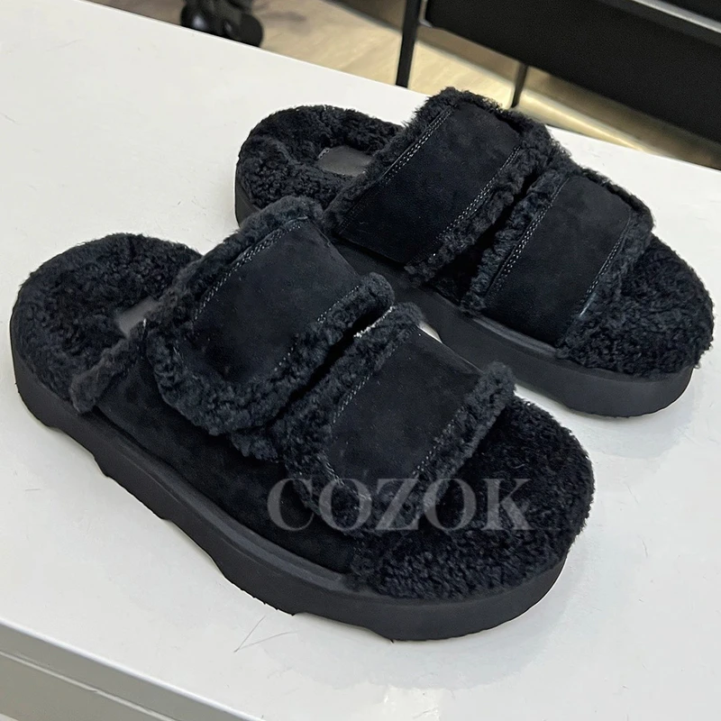 

Женские зимние тапочки на толстой подошве, теплые Шлепанцы из шерсти, тапки в стиле знаменитостей, сандалии на платформе, новинка 2023