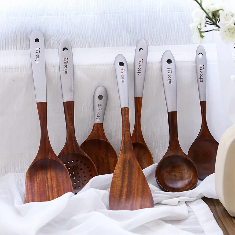 

Teak Wooden Handle Spatula Kitchen Wok Spatula Kitchen Slotted Turner Rice Soup Spoon Ladle Cooking Tools Utensils Set Tableware