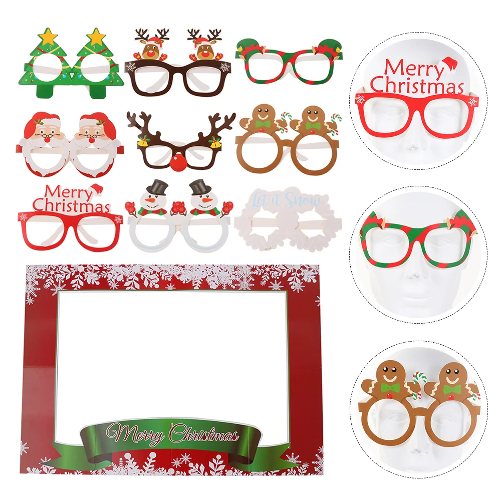 

10pcs Christmas Photo Booth Prop Frame and Glasses Set Holiday Party Supplies