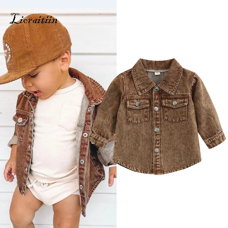 2022-08-01 Lioraitiin 0-5Years Toddler Boys Jean Jacket, Solid Color Turn-Down Collar Long Sleeve Button-Up Denim Jacket
