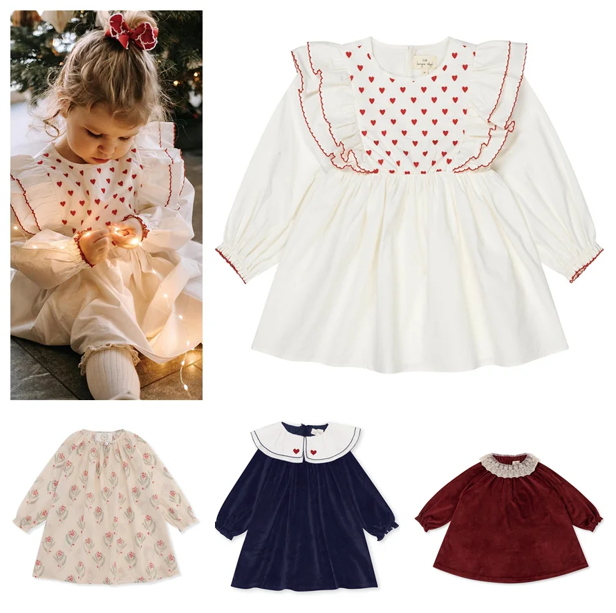 

Kids Girls Dress 2023 Autumn Winter New KS Baby Girl Dress Christmas Velvet Lace Collar Embroidery Children's Dress