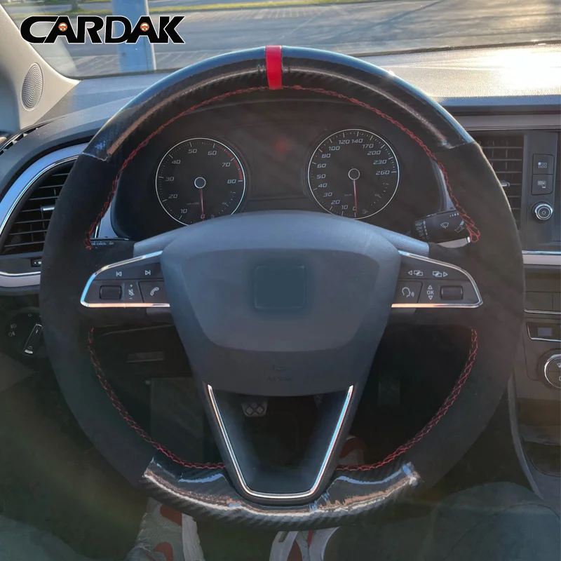Фото CARDAK Чехлы рулевого колеса автомобиля DIY черная замшевая кожа для Seat Leon 5F Mk3 2013-2019 Ibiza 6J Tarraco Arona Ateca Alhambra №1