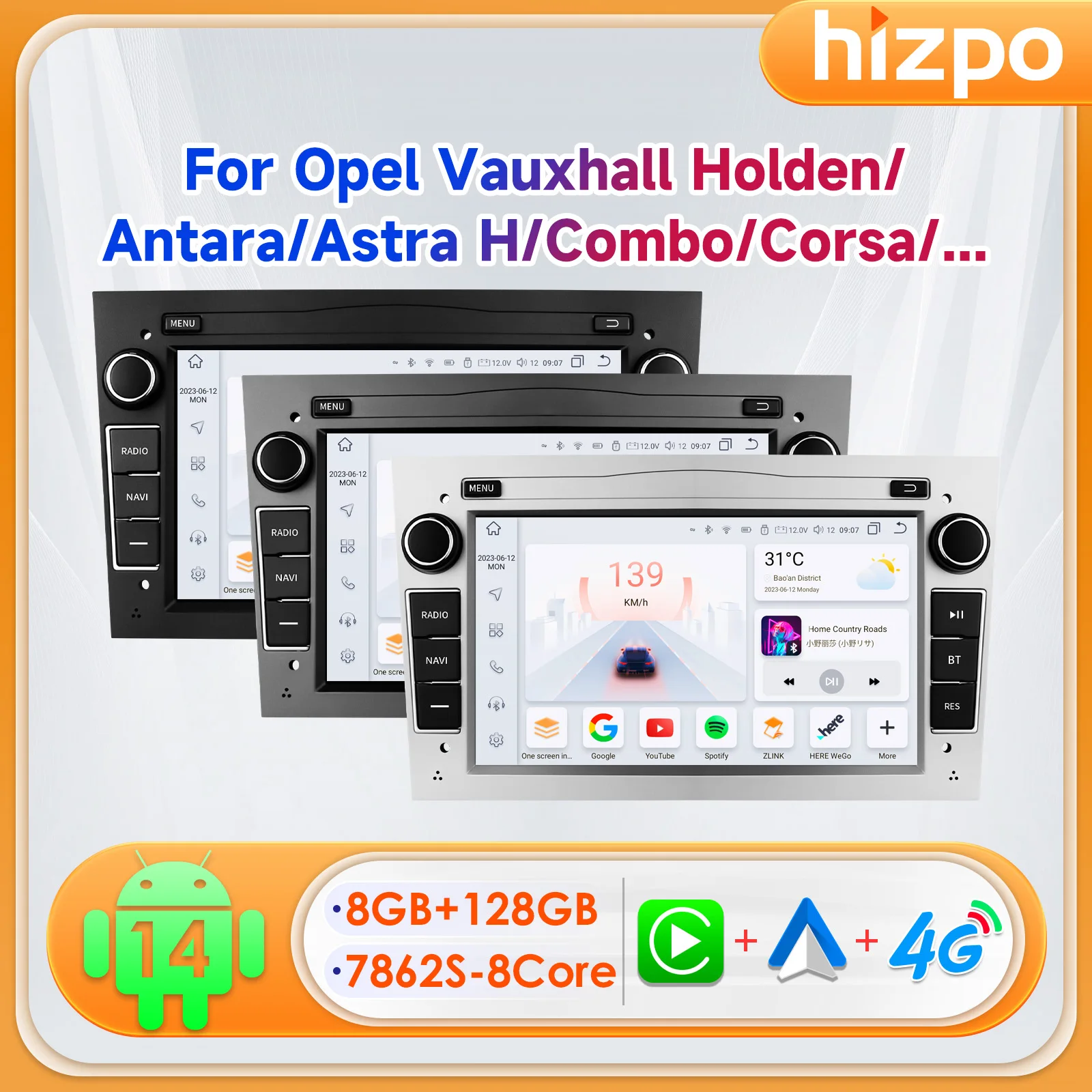Фото Автомобильное радио HIZPO 7 дюймов 2Din Android 14 для Opel Astra H G J Zafira B Corsa C D Antara Vectra Vivaro GPS CarPlay, авторадио, стерео DSP №1