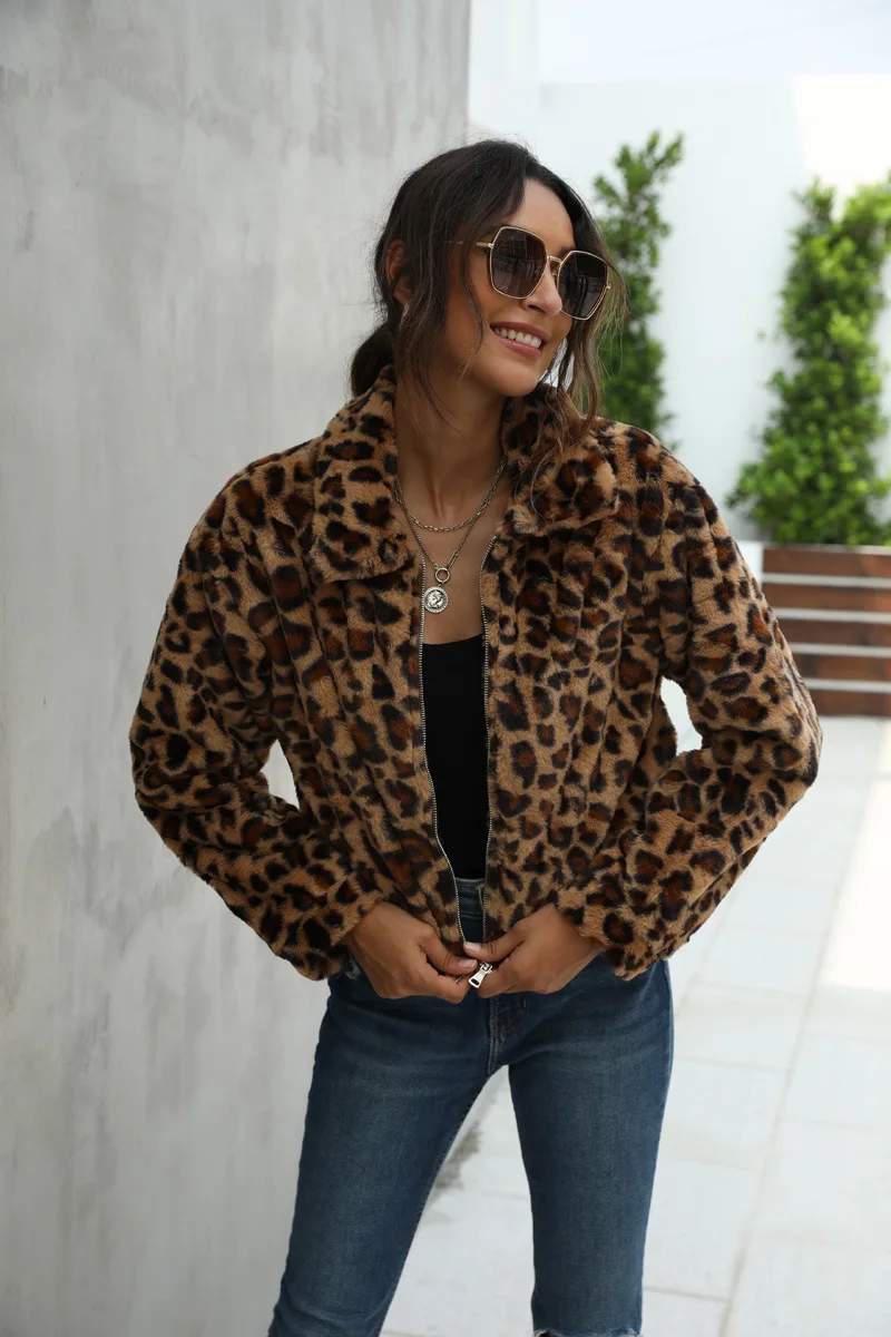 Women's Fur Jacket Leopard Print Printing Lapel Plush Loose Slimming and Short Coat Female Faux Fur Coat