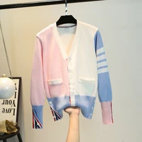 the new spring and autumn contrast color loose four bar tb cardigan womens very fairy knitted sweater sweater jacket tide