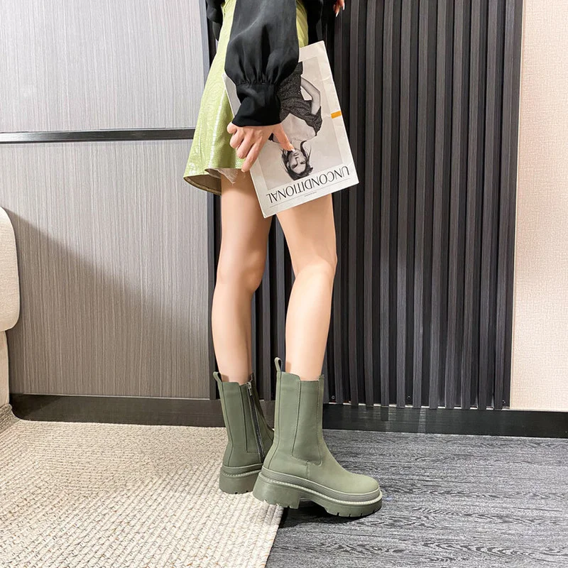Women's Autumn Shoes Chunky Heel Chelsea Boots Genuine Leather Lug Block-Heel Ankle Boots Thick Bottom Shoes Winter Brand New