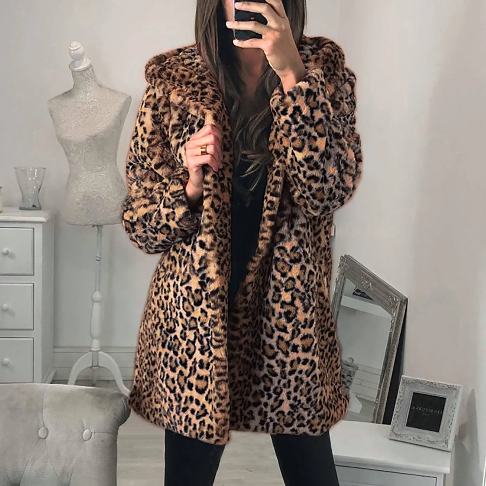 

Plus Size Women Coat Leopard Print Faux Fur Gilet Hooded Long Sleeve Waistcoat Warmer Furry Faux Jacket Coat Outerwear
