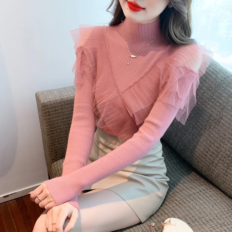 

Lace Patchwork Half High Collar Ladies Knitted Bottoming Pullovers Long Sleeve Gauze Ruffles Silm Sweater Autumn Women