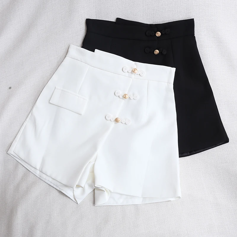 2023 Summer Retro Button Shorts Women High Waist Wide Leg