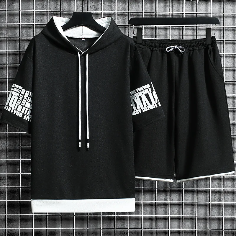 Summer Hooded T-shirt + Shorts 2 Piece Set Men Fashion Casual Short Sleeved Sport Suit 2023 New Mens Harajuku Male Clothing