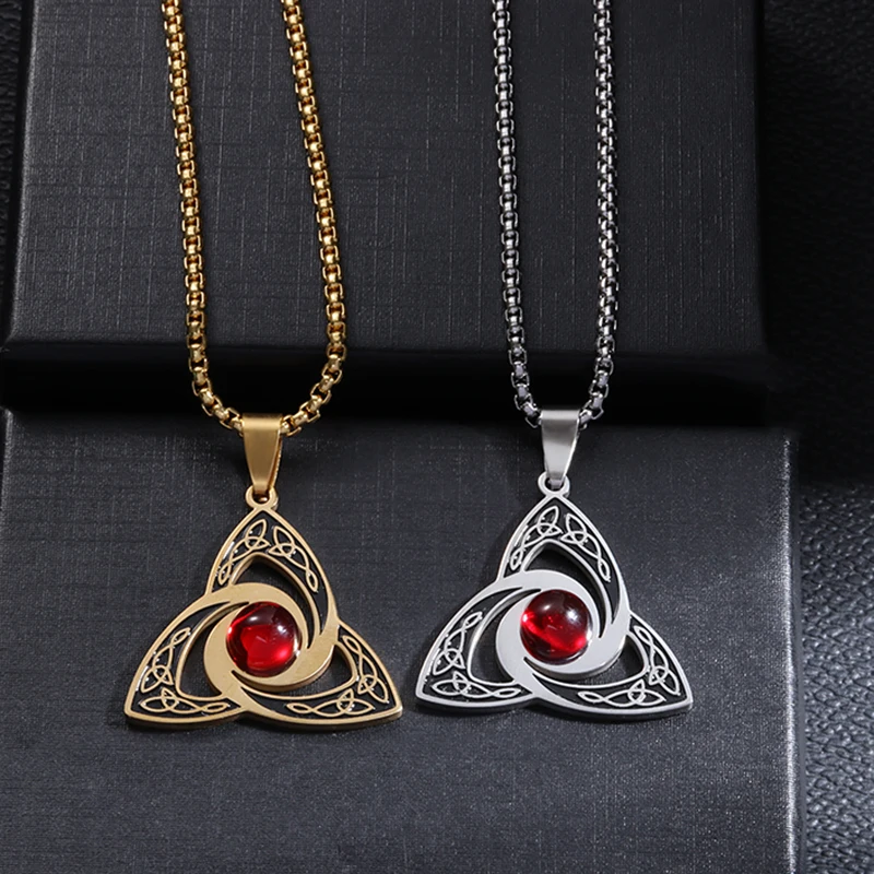 

Irish Trinity Celtic Knot Gemstone Pendant Stainless Steel Witch's Knot Necklace Men Women Viking Amulet Jewelry