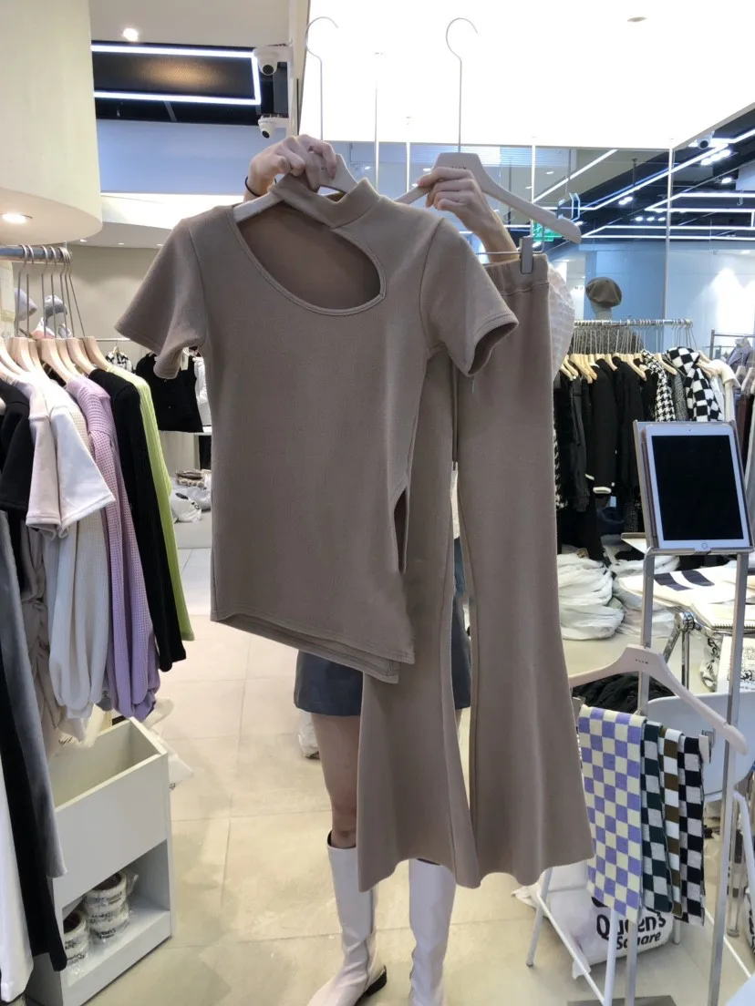 

2 Piece Sets Women Sexy Hollow Halter Neck Split Short Sleeve Cotton T-shirt + Drawstring Elastic Waist Flared Pants Outfits