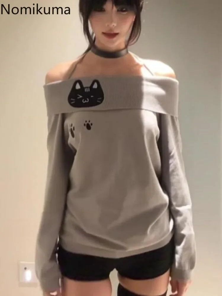 Женский японский свитер Sueter для женщин джемпер с воротником-лодочкой и открытыми