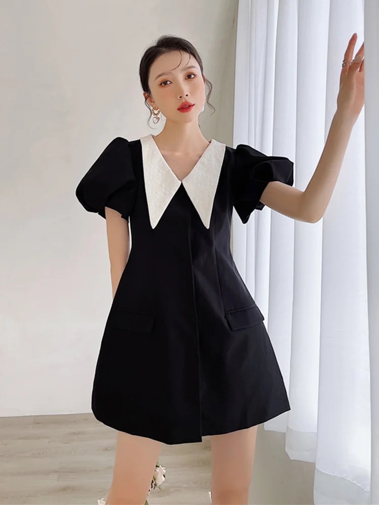 

Black Dress For Women With White Collar Short Bubble Sleeves A-line Female Chic Clothing 2022 Summer New B643