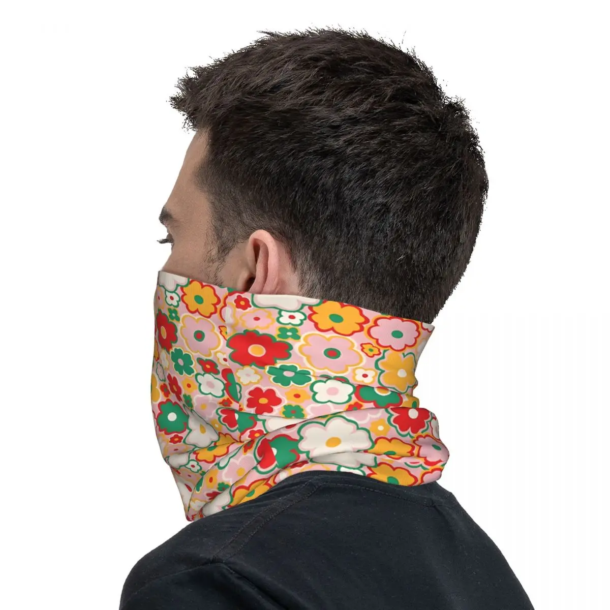 Бандана с цветочным узором красного зеленого и розового цветов воротник белый