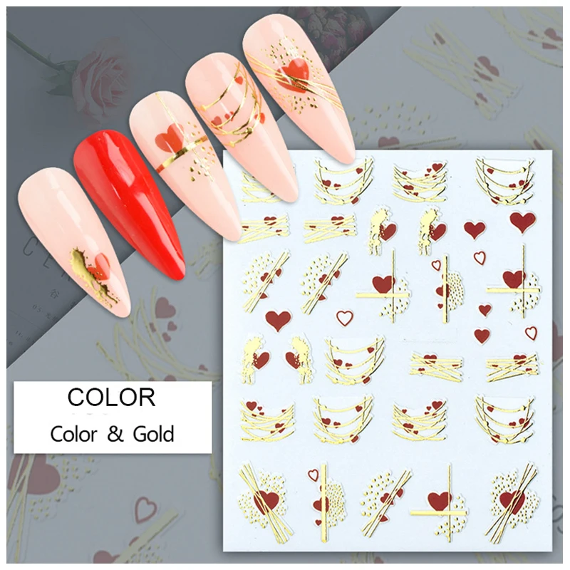 

Back Glue Nail Decals Elegant 3d Gold Lines Red Hearts Stickers Decoration For Nail Art Manicure Beauty