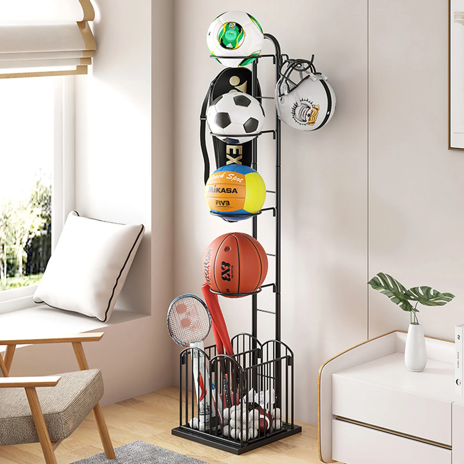 

Sports Equipment Organizer Ball Storage Sports Ball Storage Rack With Basket And Two Hang Hooks Garage Organizer And Storage For