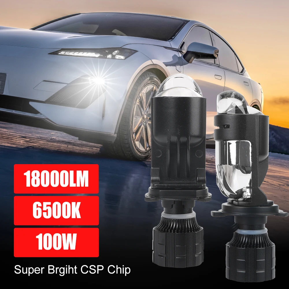 Светодиодная противотуманная фара LEEPEE 6500K, 100 Вт, для автомобиля, мотоцикла, H4, фара ближнего и дальнего света, 18000 лм, лазерный мини-проектор с двумя линзами высокой мощности, 2 шт.