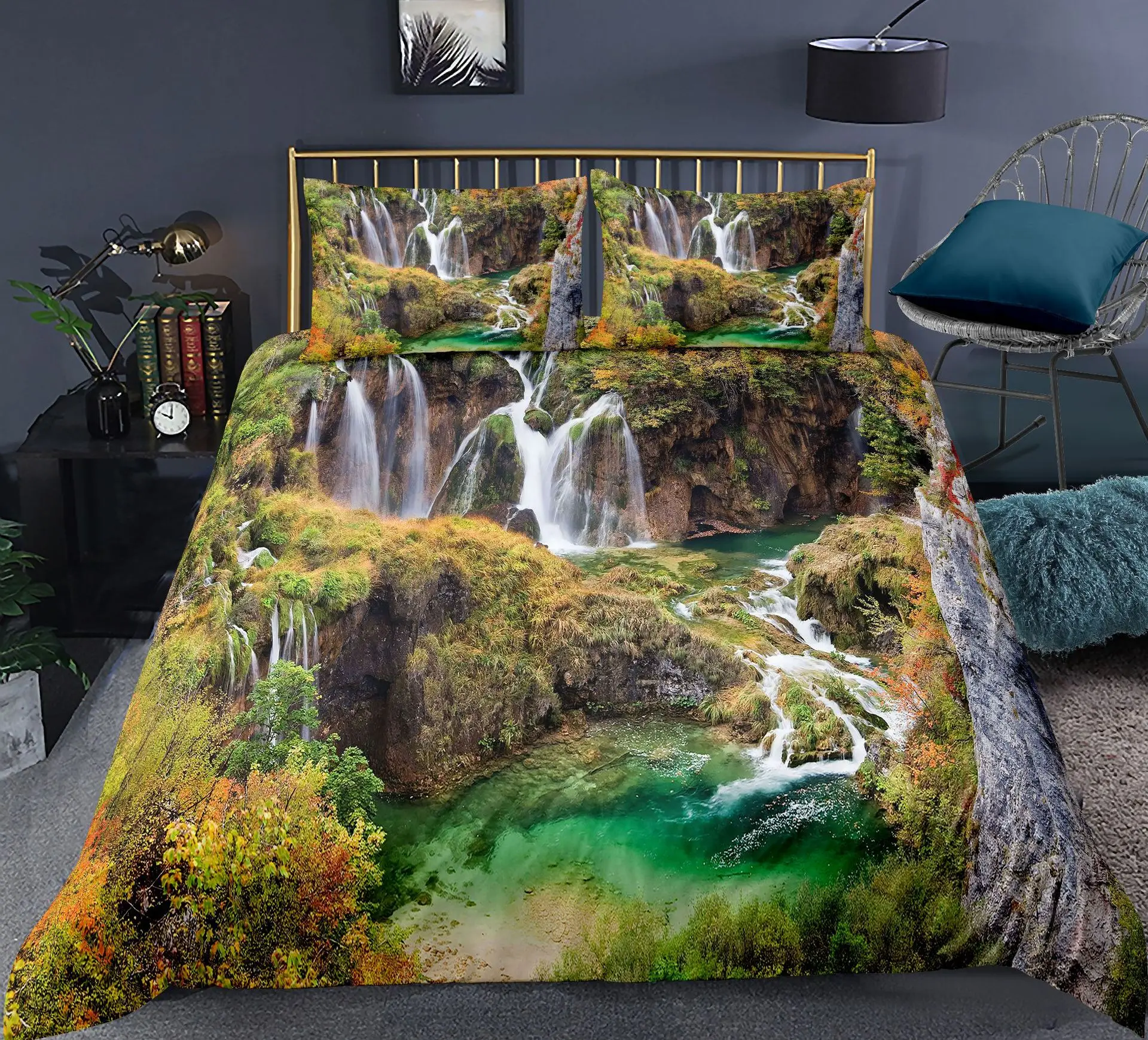 

Nature Duvet Cover Waterfall Flowing Down The Rocks Cascade Valley Image Decorative Polyester for Bedroom Decoration Adults Kid