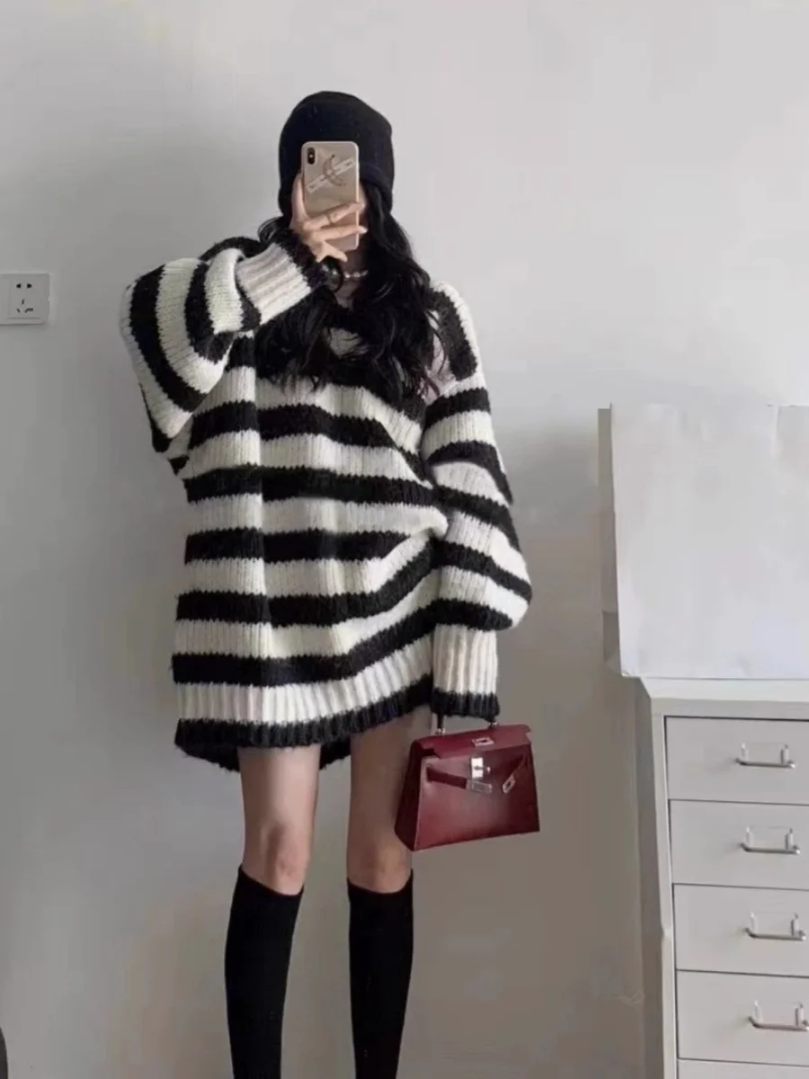 Korean Series Contrast Color Stripe Mid-Length Thick Line Sweater Women Autumn and Winter New V-neck Loose Idle Sle Knit Top