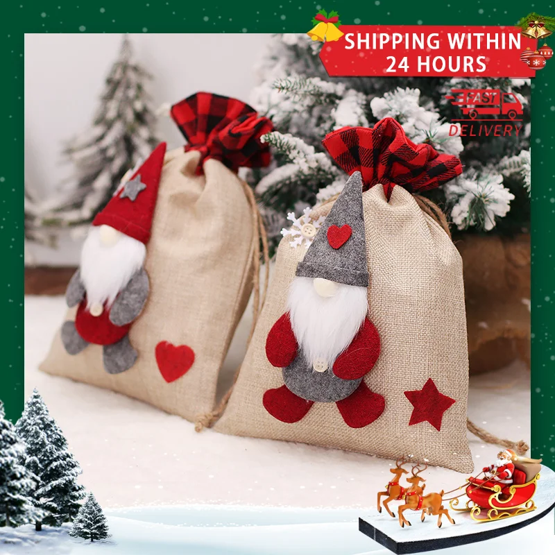 

2023 г., большие рождественские Льняные носки, рождественские Чехлы для бутылок вина, чехлы для хранения подарков с Сантой, карманы на шнурке, ...