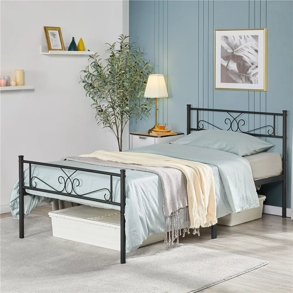 Modern Scroll Metal Platform Twin Bed, Black Kids Bed Frame