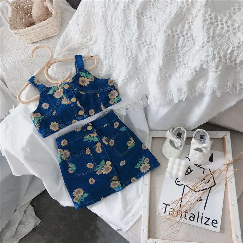 

2022 Summer New Fashion Girls Casual Luxury Suits Girls Short-sleeved Tops Denim Skirts Suits Boutique Clothing Simple Style