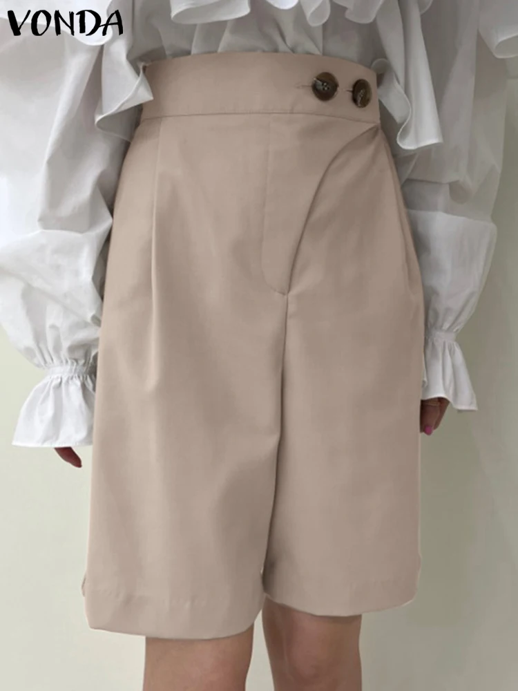 

VONDA 2022 Casual Fashion Solid Shorts Female OL Polyester Office Shorts Women Zipper Button Loose Five Points Trouser Oversized