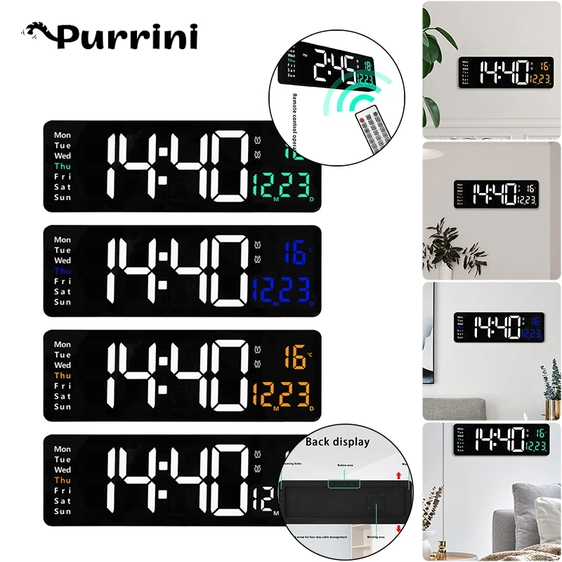 

16 Inch Large Screen Display Clock Temperature Date Time Week Watch Remote Control Digital LED Room Decoration Wired Wall Clock