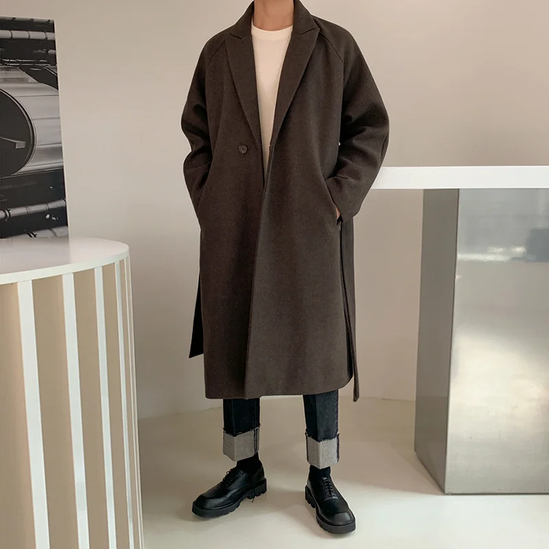 Winter Spring Men's Woolen Coat 2022 New British Over Knee Tweed Coat Korean Trend Thickened Mid Length Coats With Belt
