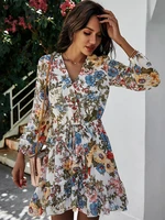 summer dress women sexy v neck floral print chiffon dress casual long sleeve lace up ruffles mini party dresses for women 2022