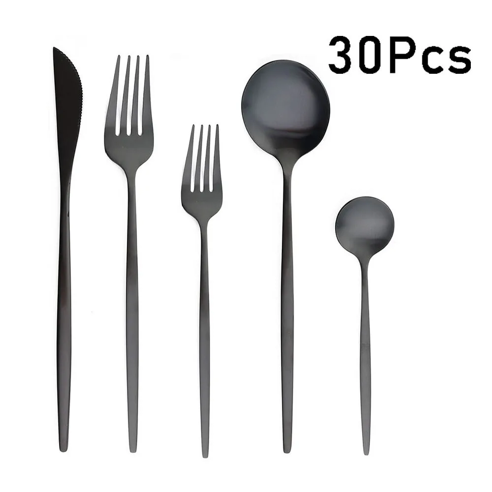 

Matte Black Cutlery Set Cake Dessert Fruit Tea Forks 12/30Pcs Stainless Steel Dinnerware Set Knife Fork Spoon Tableware Kitchen