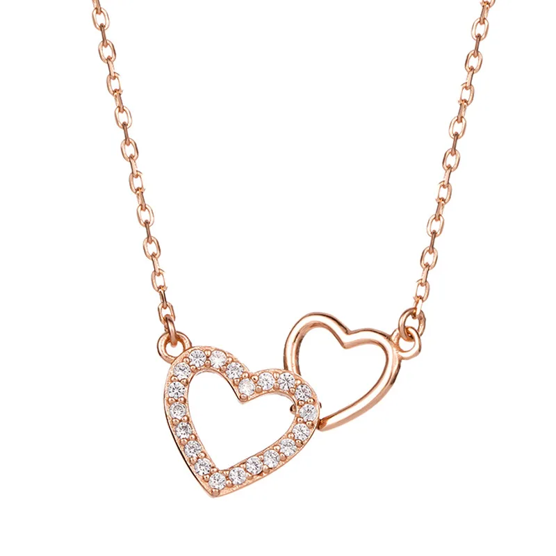 

Singapore simple niche double heart necklace female S925 silver pendant fashion Joker clavicle chain