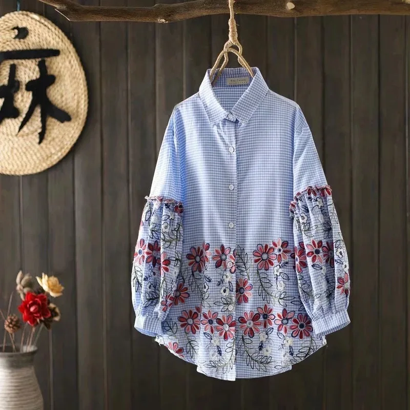 

Bohemian Ethnic Embroider Shirts & Blouses Women Mexican Style 100% Cotton Boho Long Sleeve Blue Plaid Blouses Gypsy Tops