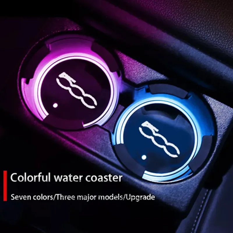 

2 Luminous Car Water Cup Coaster Holder 7 Colorful USB Charging Car Atmosphere Light For Fiat 500 Panda Bravo Abarth Linea Croma