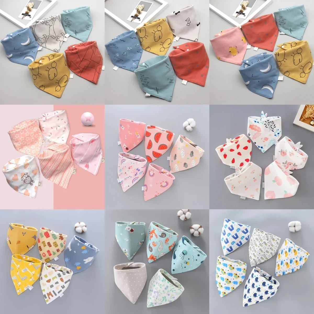 

100% Cotton Baby Bibs Triangle Burp Cloths Cartoon Saliva Towel Baby Feeding Bibs Soft Absorbent Boys Girl Saliva Towel 5Pcs/Set