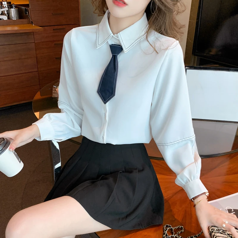 

Autumn Women's Long Sleeve Polo Neck Vintage Lantern Sleeve Solid Line Spliced Commuter Shirt Womens Tops Blouse Camisas A223