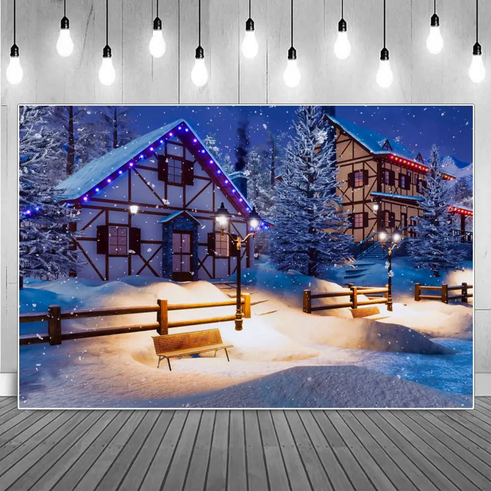 

Christmas Eve Outside House Snow Covered Street Photography Backdrop Snowing Fence Lamp Outdoor Decoration Home Photo Background