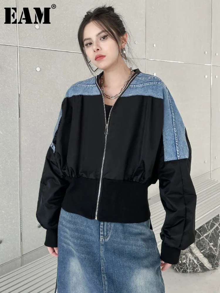 

[EAM] Black Deinm Color-block Big Size Casual Jacket New V-neck Long Sleeve Women Coat Fashion Tide Spring Autumn 2023 1DH1842