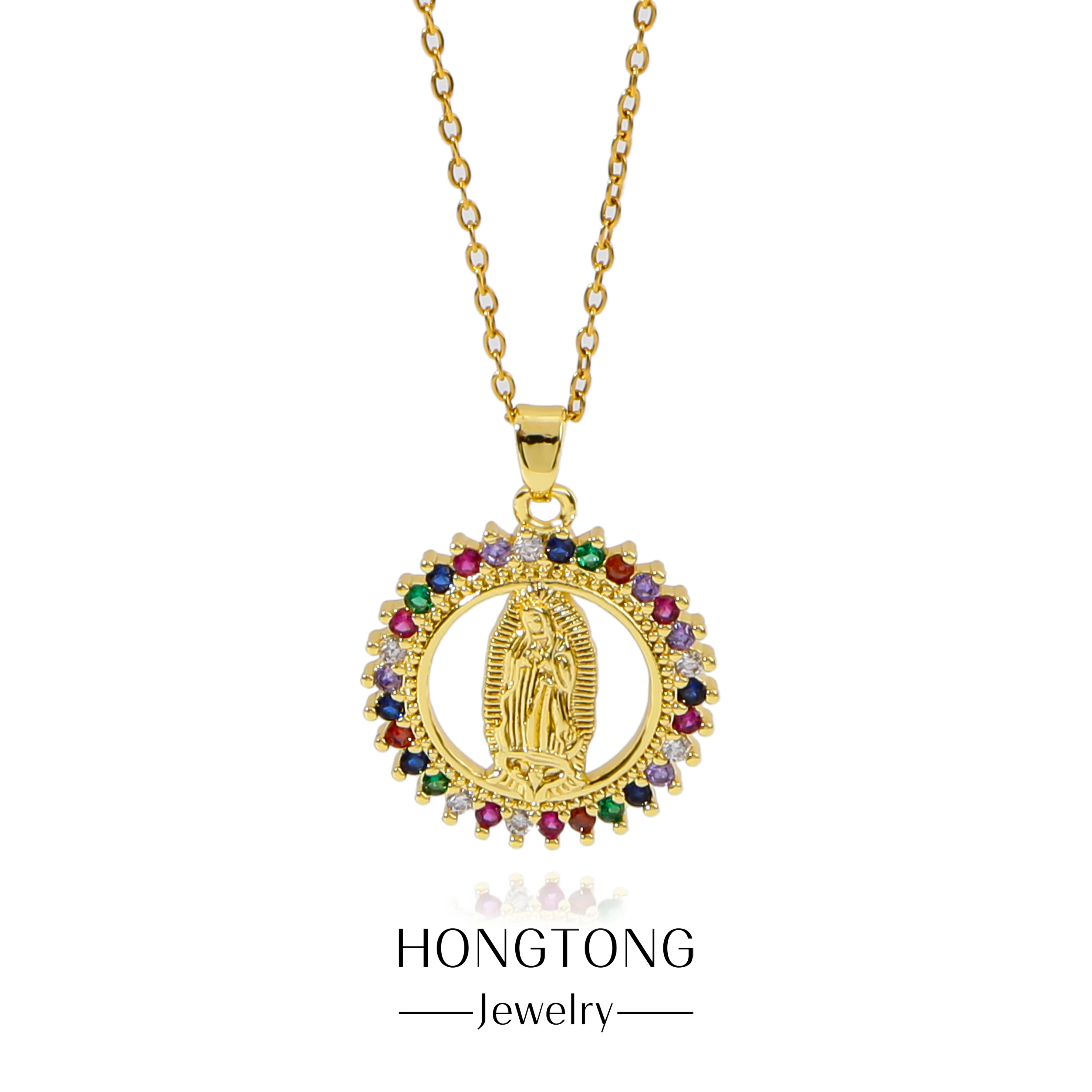 

HONGTONG Fashion Trend Virgin Mary Portrait Pendant Hollowed Out Circular Random Colorful Zircon Stainless Steel Necklace