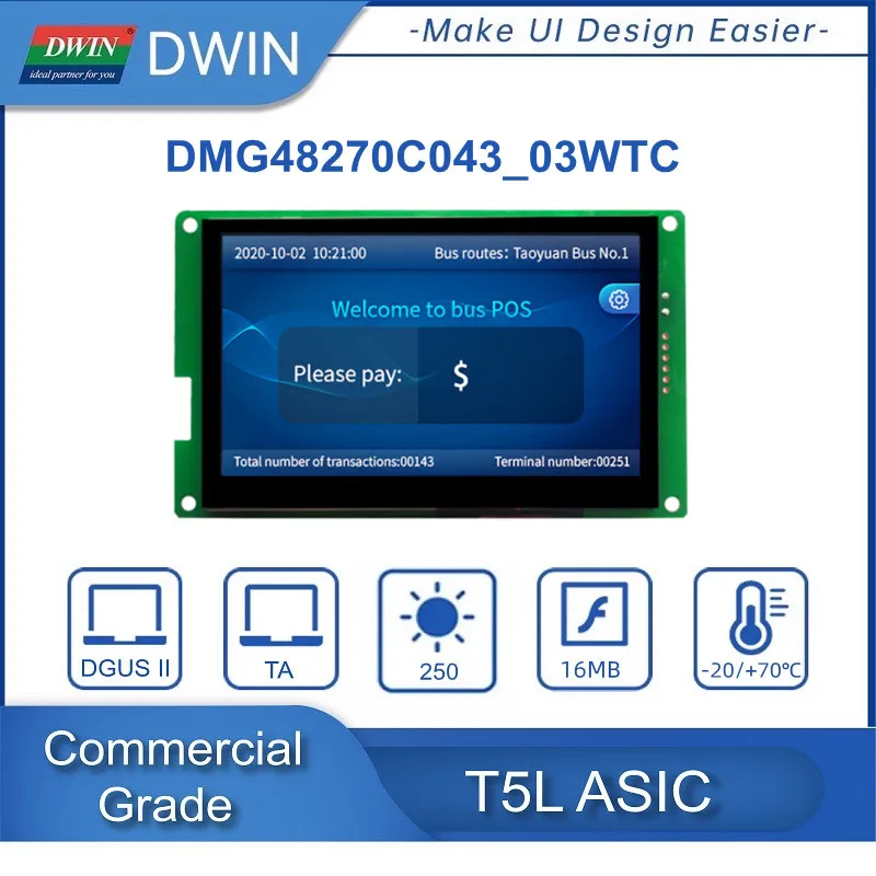 DWIN 4.3-inch T5L DGUS System UART TFT LCD Display 480*272 16.7M Colors Commercial Grade TTL  - DMG48270C043_03W
