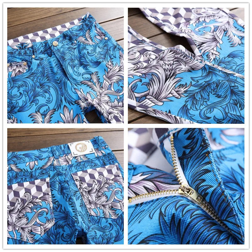 2023 Spring Men's Nightclub Denim Pants Plaid Printed Streetwear Hip Hop Ripped Holes Jeans Fashion Harajuku Trousers Jean Homme