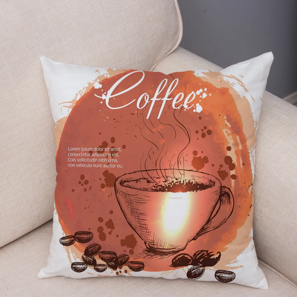 Funda de cojín estampada con temática de taza de café, funda de almohada, sofá, decoración del hogar
