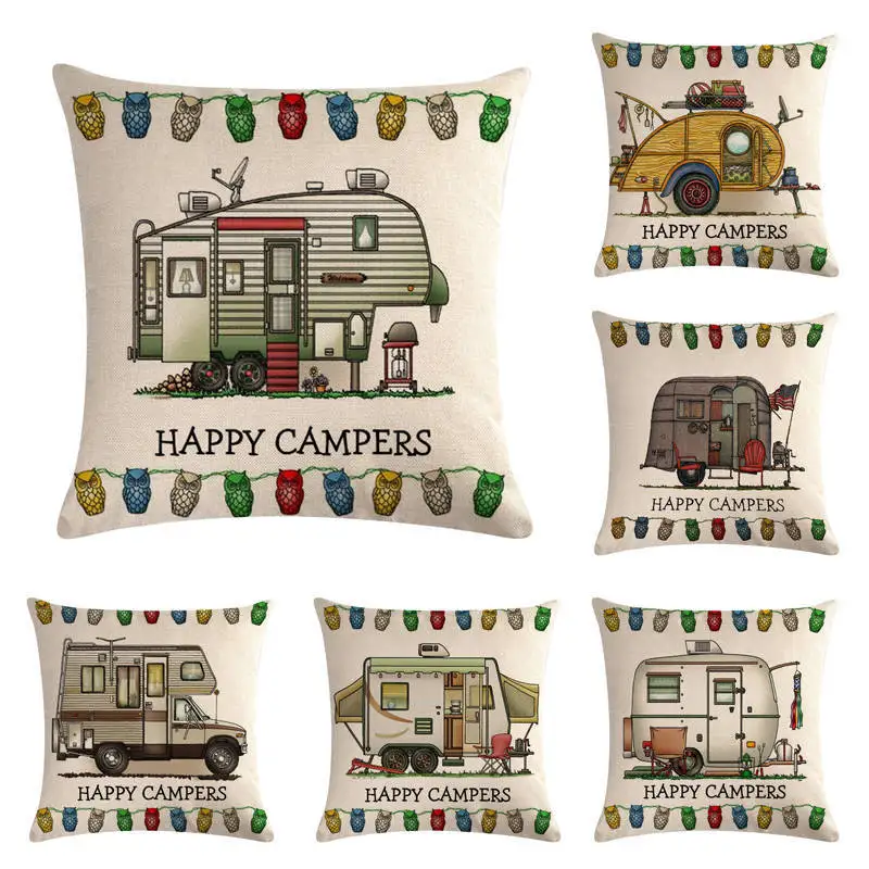 

Happy Campers Car Soft Short Plush Cushion Cover Print Pillow Covers 45*45cm Throw Pillow Case Sofa Home Decor Owl Pillowcase